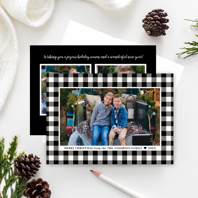 Merry Christmas Black White Buffalo Plaid Photo Holiday Card (Creator Uploaded)