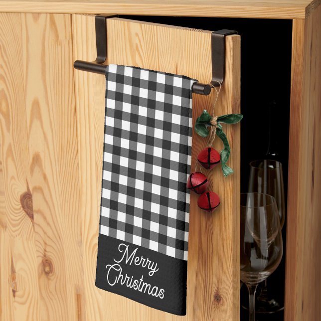 Merry Christmas Black & White Buffalo Plaid Tea Towel (Creator Uploaded)
