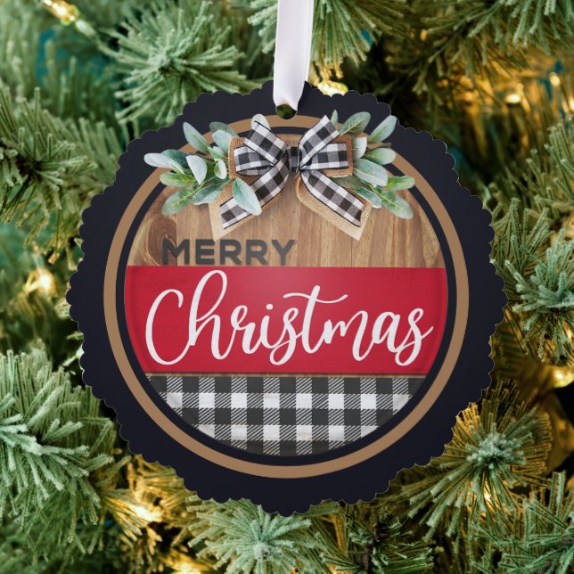 Merry Christmas Black White Buffalo Plaid Tree Decoration Card (Insitu (Tree))