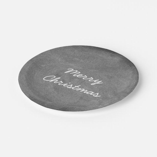 Merry Christmas Black White Chalkboard Typography Paper Plate (Angled)
