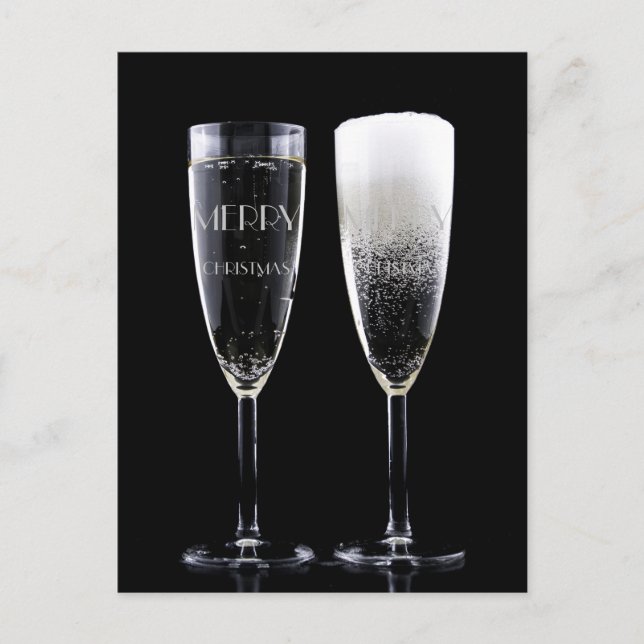 Merry Christmas Black White Champagne Flute Cheers Holiday Postcard (Front)