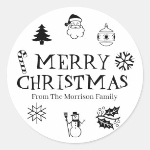 Merry Christmas black white custom name cute favou Classic Round Sticker
