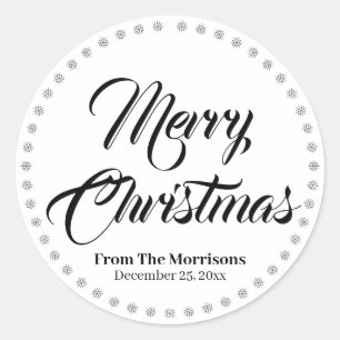 Merry Christmas black white custom name gift favou Classic Round Sticker