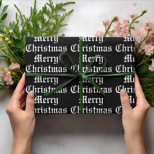 Merry Christmas Black White Custom Text Wrapping Paper (Creator Uploaded)