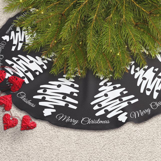 Merry Christmas Black White Elegant Modern Holiday Faux Linen Tree Skirt (You can customize the text.)