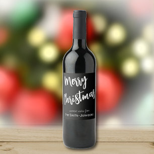 Merry Christmas Black & White, Name on Set of 6 Wine Label