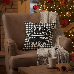 Merry Christmas Black & White Plaid Custom Name Cushion