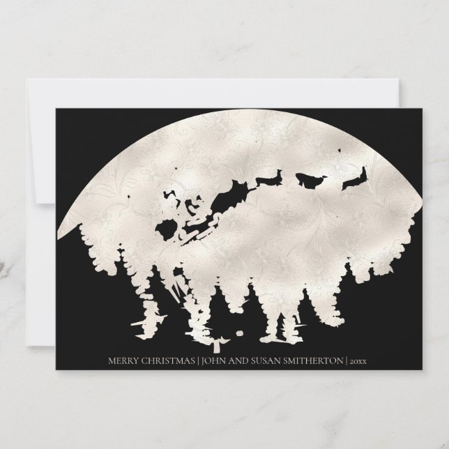 Merry Christmas Black White Santa Sleigh Reindeer Holiday Card (Front)