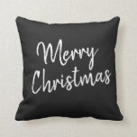 Merry Christmas Black White Script Modern Minimal Cushion<br><div class="desc">This festive throw pillow features the phrase Merry Christmas in a trendy brush lettering cursive script in black and white.</div>