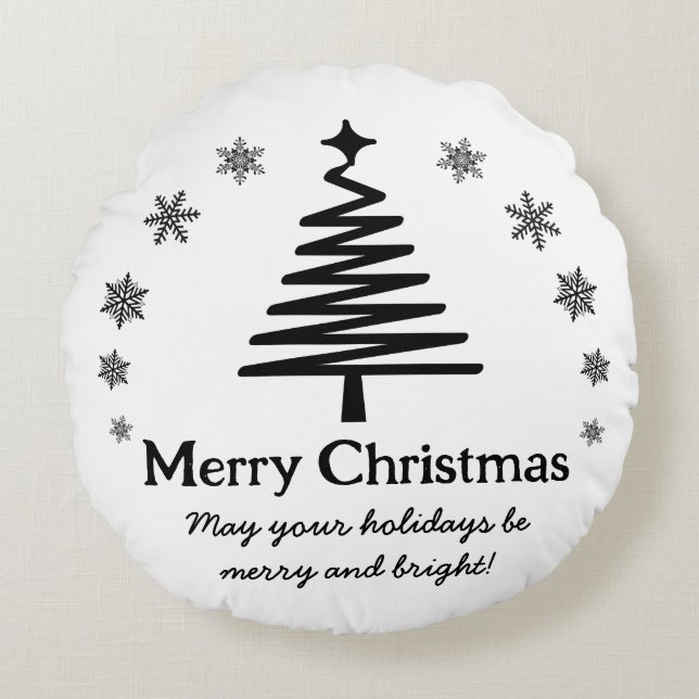 merry christmas black white simple holiday trendy round cushion (Front)