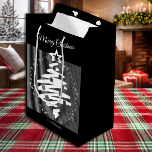Merry Christmas Black White Stripe Modern Holiday Medium Gift Bag