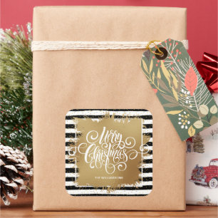 Merry Christmas Black White Stripes Square Sticker