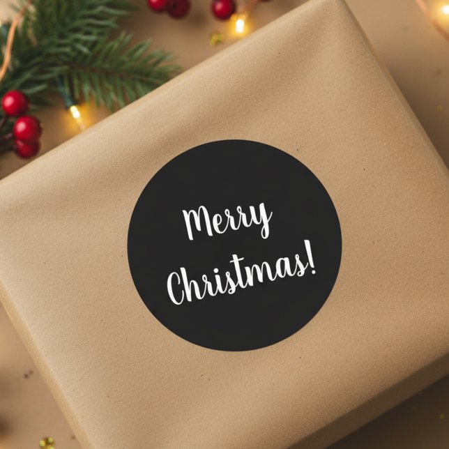 Merry Christmas Black & White Typography Classic Round Sticker (Creator Uploaded)