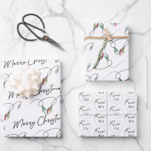 Merry Christmas Black & White Typography & Lights Wrapping Paper Sheet
