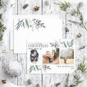 Merry Christmas Black Winter Botanical Photo Holid Holiday Card