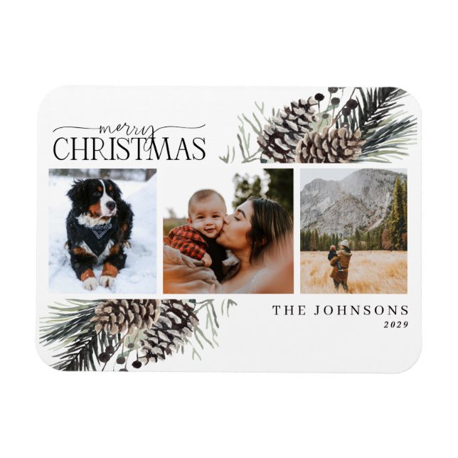 Merry Christmas Black Winter Pinecone Botanical Ho Magnet (Horizontal)