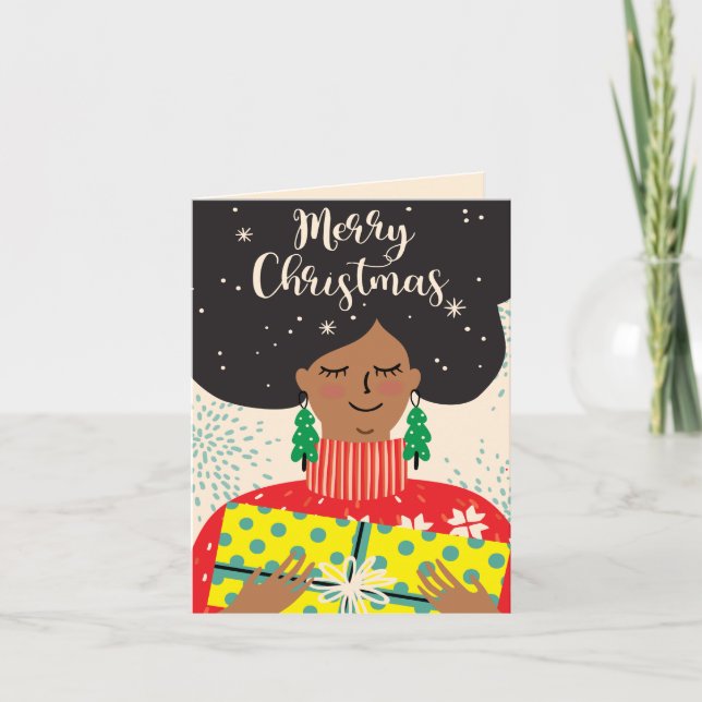 Merry Christmas, Black Woman, Bright Sweater Gift Holiday Card (Front)