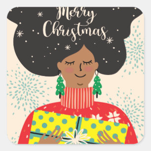 Merry Christmas, Black Woman, Bright Sweater Gift Square Sticker