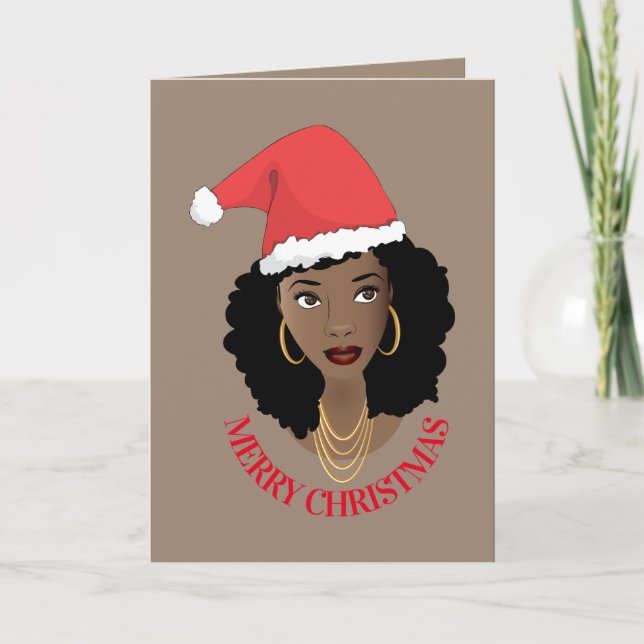Merry Christmas, Black Woman, Red Santa Hat, Brown Card (Front)