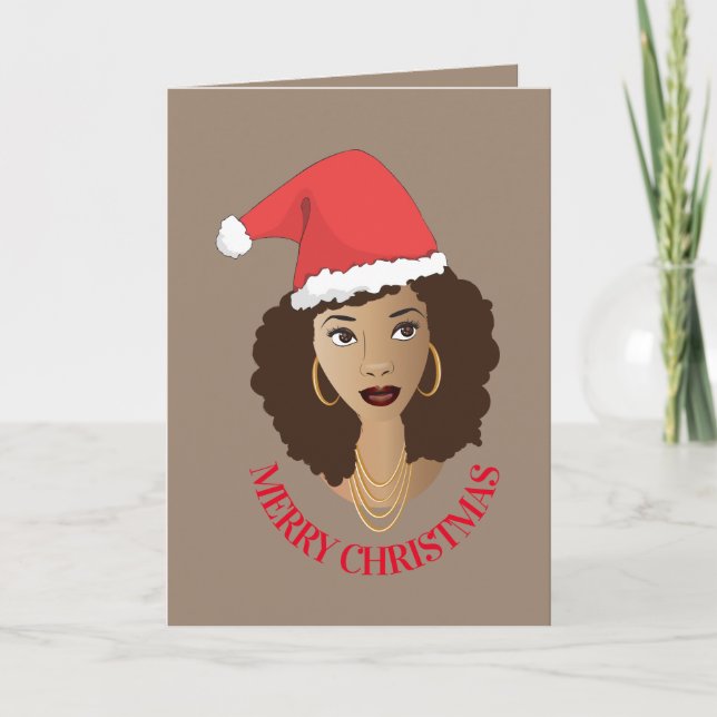 Merry Christmas, Black Woman, Red Santa Hat, Brown Card (Front)