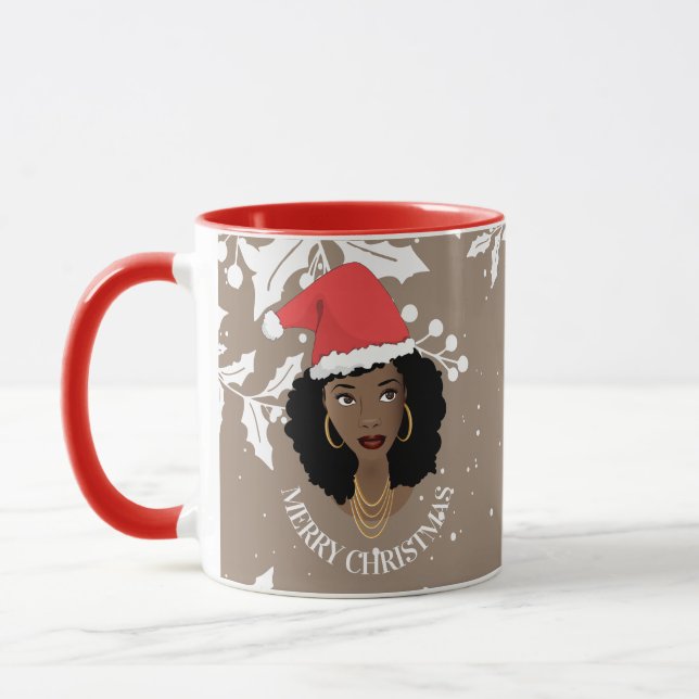 Merry Christmas, Black Woman, Red Santa Hat, Brown Mug (Left)