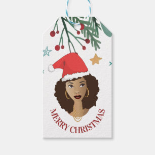 Merry Christmas, Black Woman, Red Santa Hat Gift Tags