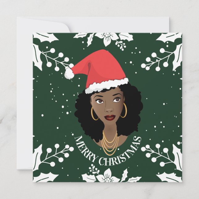 Merry Christmas, Black Woman, Red Santa Hat, Green Card (Front)