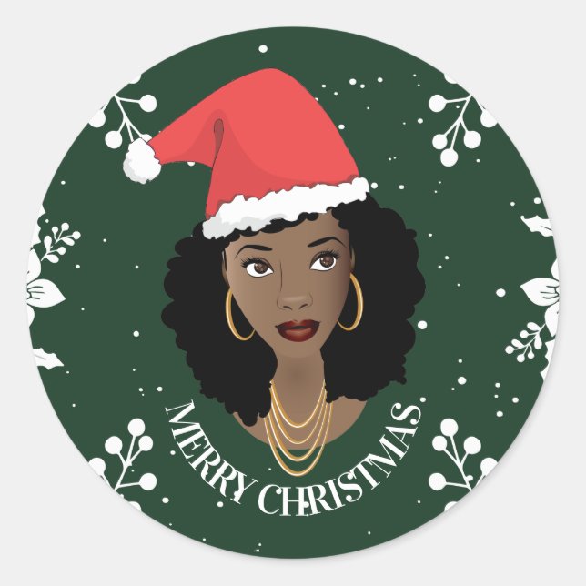 Merry Christmas, Black Woman, Red Santa Hat, Green Classic Round Sticker (Front)