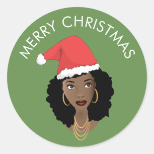 Merry Christmas, Black Woman, Red Santa Hat, Green Classic Round Sticker