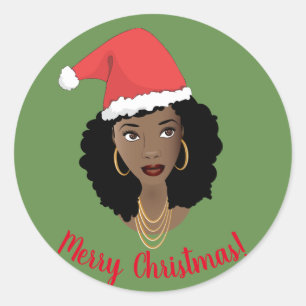 Merry Christmas, Black Woman, Red Santa Hat, Green Classic Round Sticker