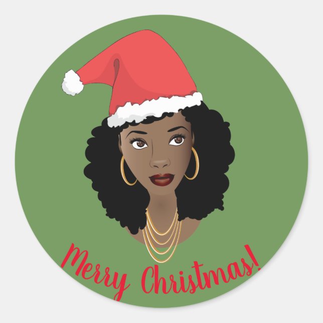 Merry Christmas, Black Woman, Red Santa Hat, Green Classic Round Sticker (Front)