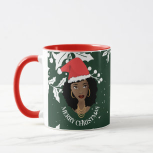 Merry Christmas, Black Woman, Red Santa Hat, Green Mug