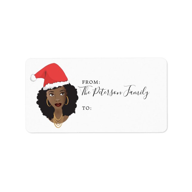 Merry Christmas, Black Woman, Red Santa Hat Label (Front)