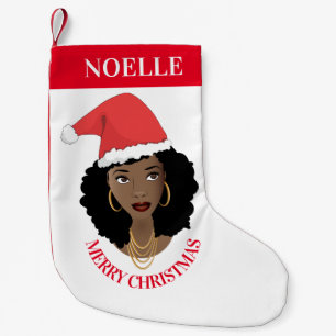 Merry Christmas, Black Woman, Red Santa Hat, Red Small Christmas Stocking