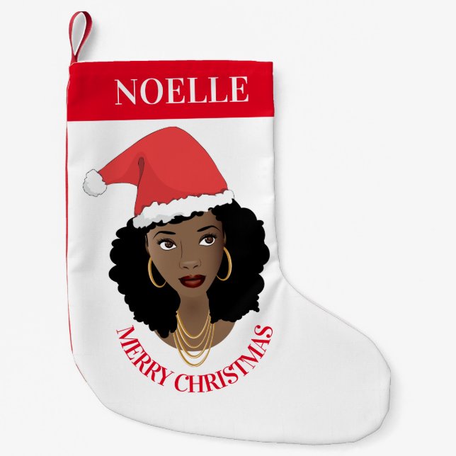 Merry Christmas, Black Woman, Red Santa Hat, Red Small Christmas Stocking (Front)