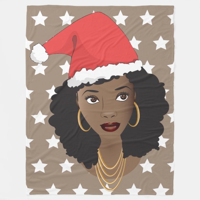 Merry Christmas, Black Woman, Red Santa Hat, Stars Fleece Blanket (Front)