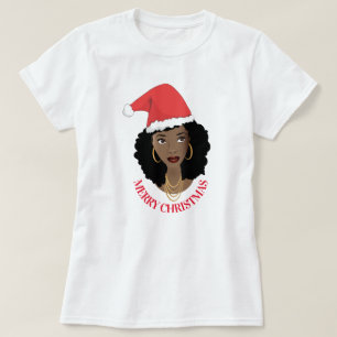 Merry Christmas, Black Woman, Red Santa Hat T-Shirt