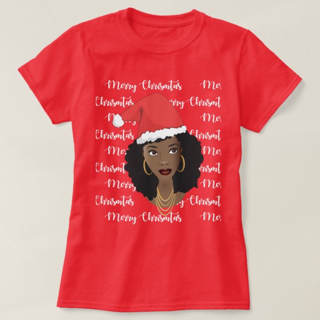 Merry Christmas, Black Woman, Red Santa Hat T-Shirt (Design Front)