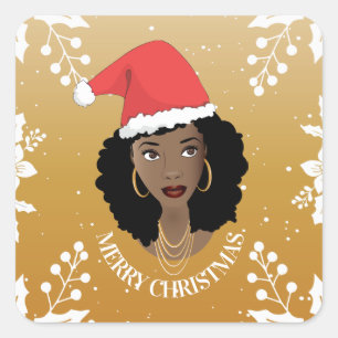 Merry Christmas, Black Woman, Red Santa, Yellow Square Sticker