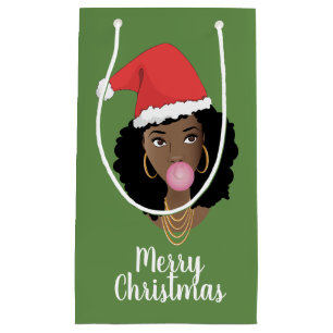 Merry Christmas! Black Woman, Santa Hat Bubble Gum Small Gift Bag
