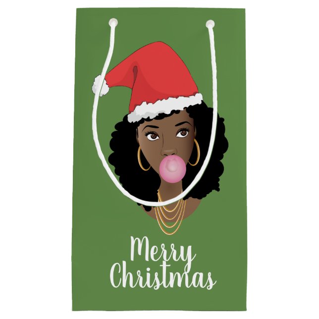 Merry Christmas! Black Woman, Santa Hat Bubble Gum Small Gift Bag (Front)