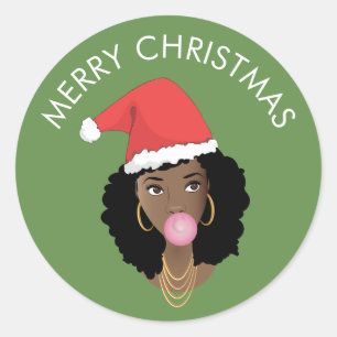 Merry Christmas Black Woman, Santa Hat, Bubblegum Classic Round Sticker