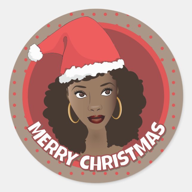 Merry Christmas, Black Woman Santa Hat Classic Round Sticker (Front)