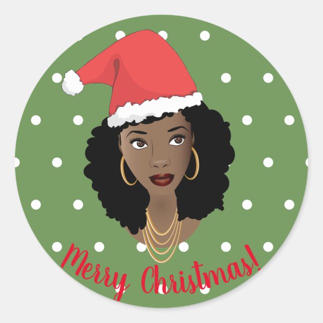 Merry Christmas! Black Woman, Santa Hat Dots Green Classic Round Sticker (Front)