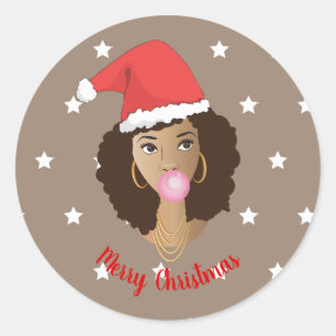 Merry Christmas! Black Woman, Santa Hat, Gum, Star Classic Round Sticker