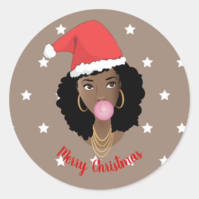 Merry Christmas! Black Woman, Santa Hat, Gum, Star Classic Round Sticker (Front)