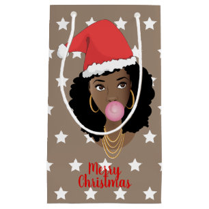 Merry Christmas Black Woman Santa Hat, Gum, Stars Small Gift Bag