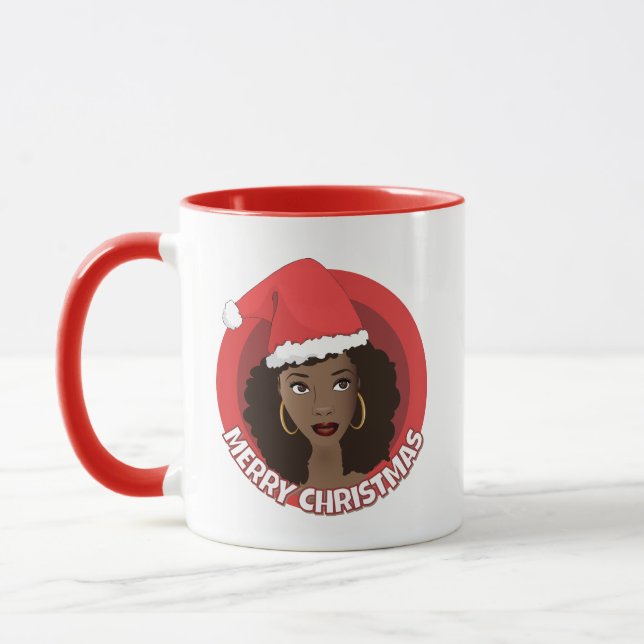 Merry Christmas, Black Woman Santa Hat Mug (Left)