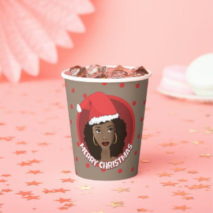 Merry Christmas, Black Woman Santa Hat Paper Cups