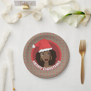 Merry Christmas, Black Woman Santa Hat Paper Plate